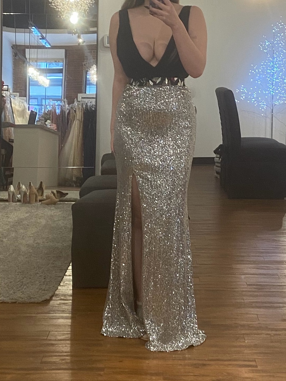 Alyce Paris Black Bodice Silver Sequin Gown